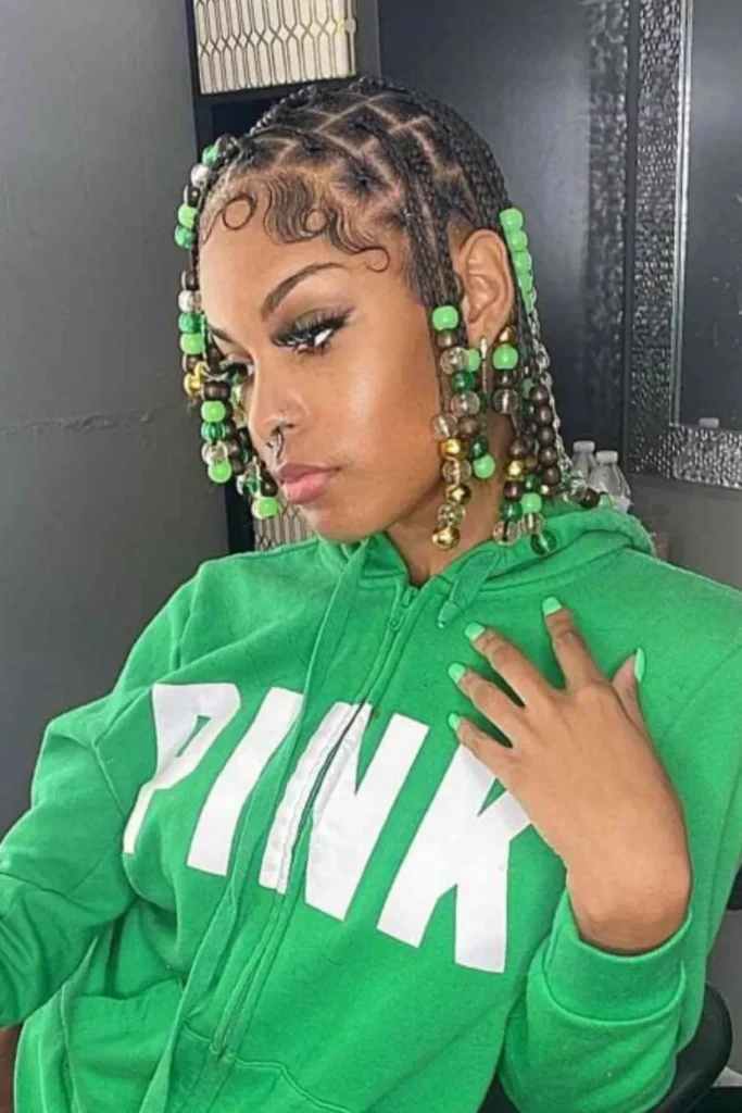 Box Braided Bob with Green Beads