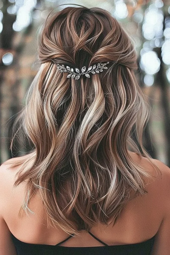 Crystal Adorned Wavy Half-Up Elegance