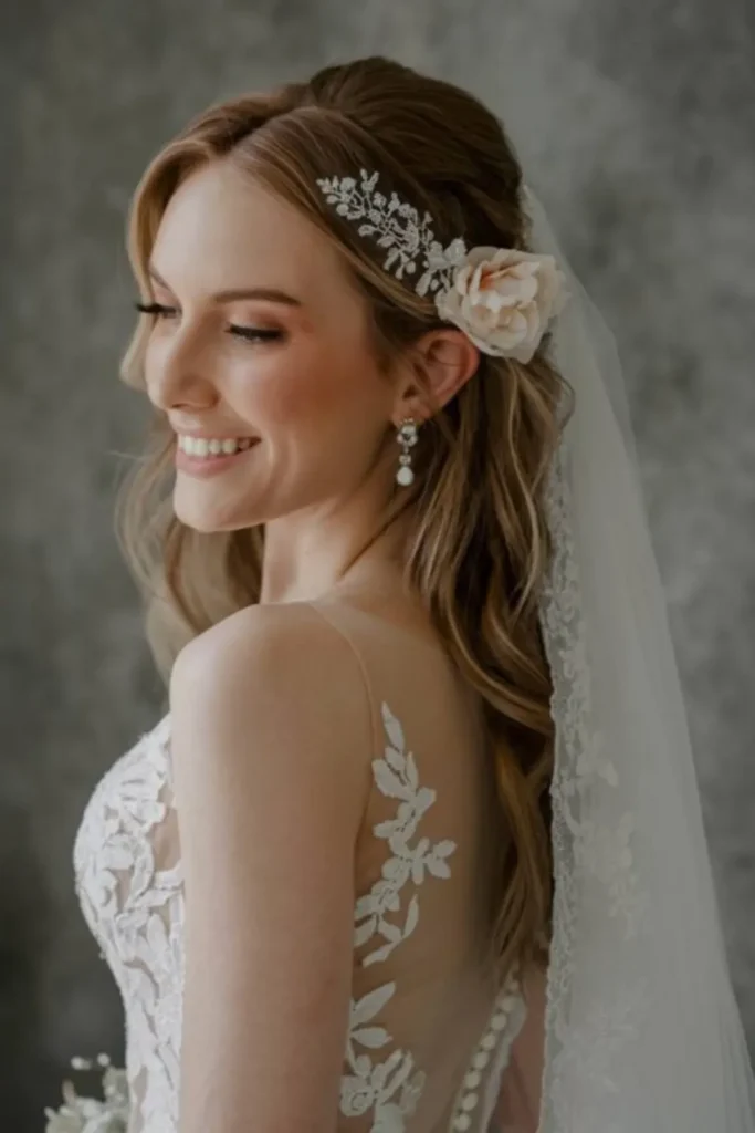 Half-Up Straight Hairstyle with Veil