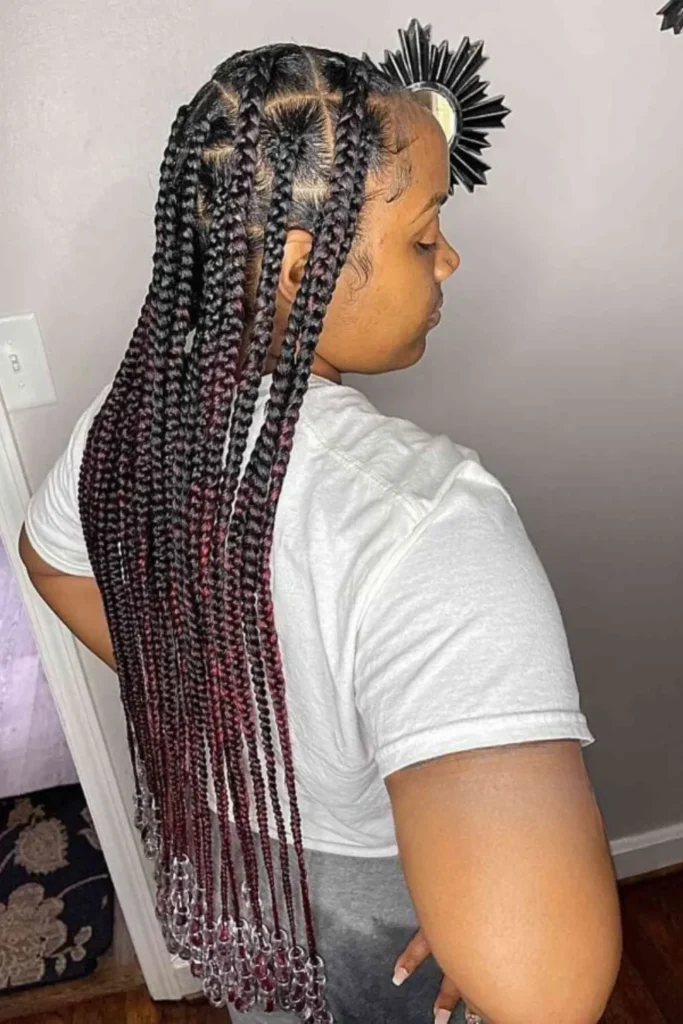 Red Ombre Box Braids with Transparent Beads