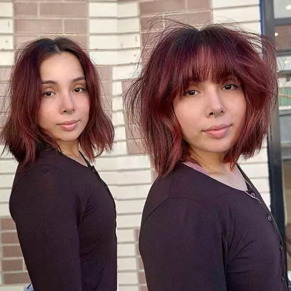 Fluffy Textured Bob with Straight-Across Long Bangs
