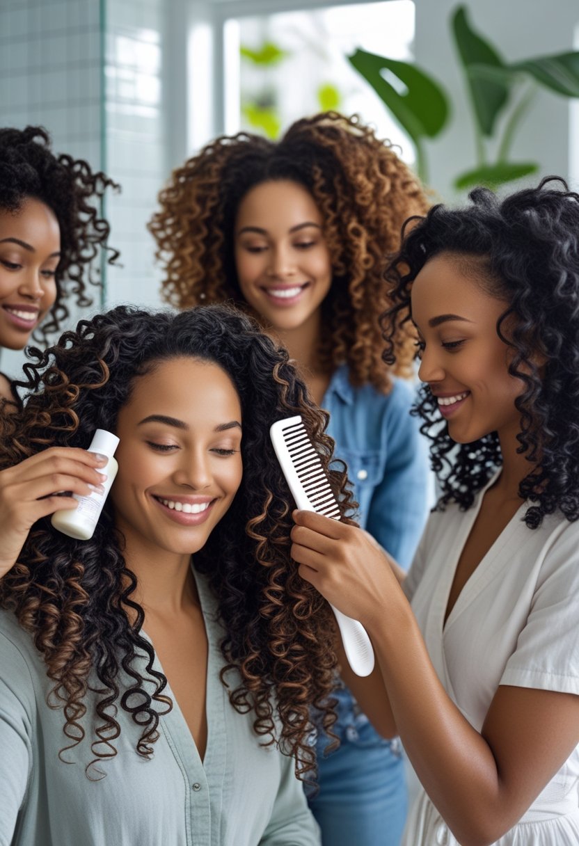 A group of women caring for their curly hair in a bright bathroom, applying products and combing their curls.