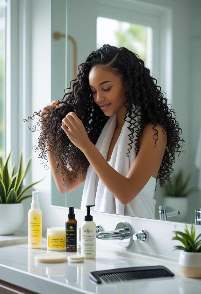 A woman standing in front of a bathroom mirror preparing to style her curly hair, with hair products on the counter.