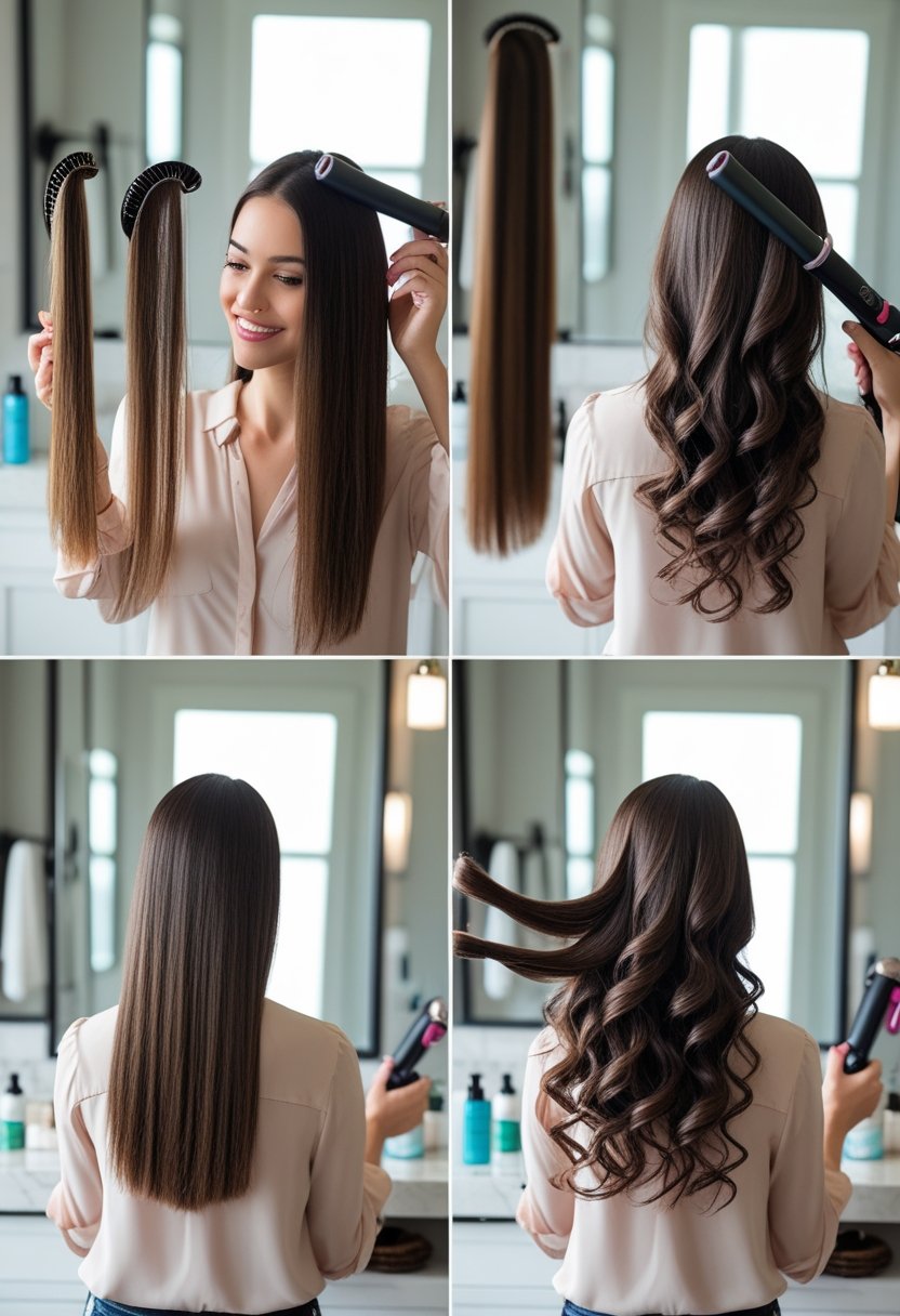 A woman curling her hair using a curling iron in a bathroom with hair care products on the counter.