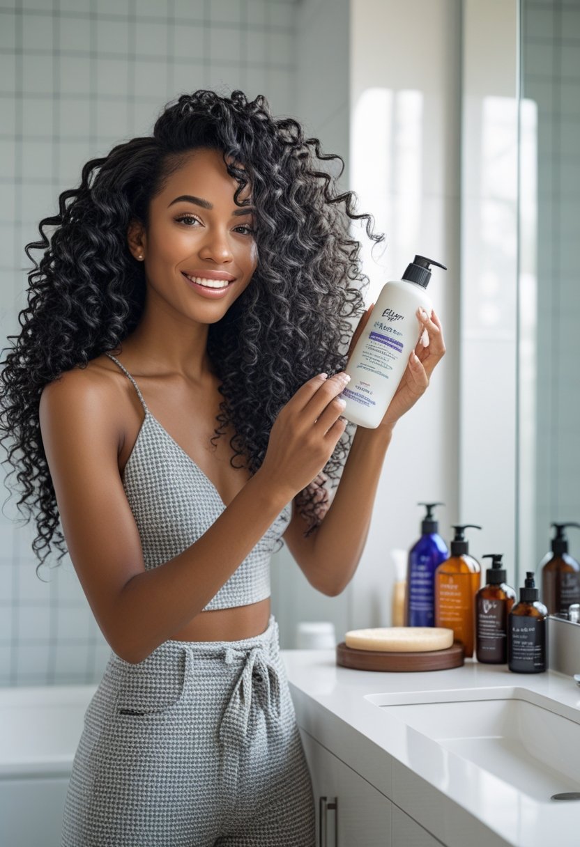 A young woman applying hair care product to her curly hair in a bright bathroom.