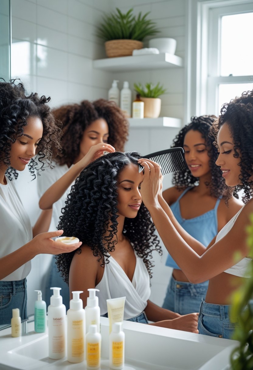 Three women with curly hair styling and caring for their hair in a bright bathroom with hair care products on shelves.