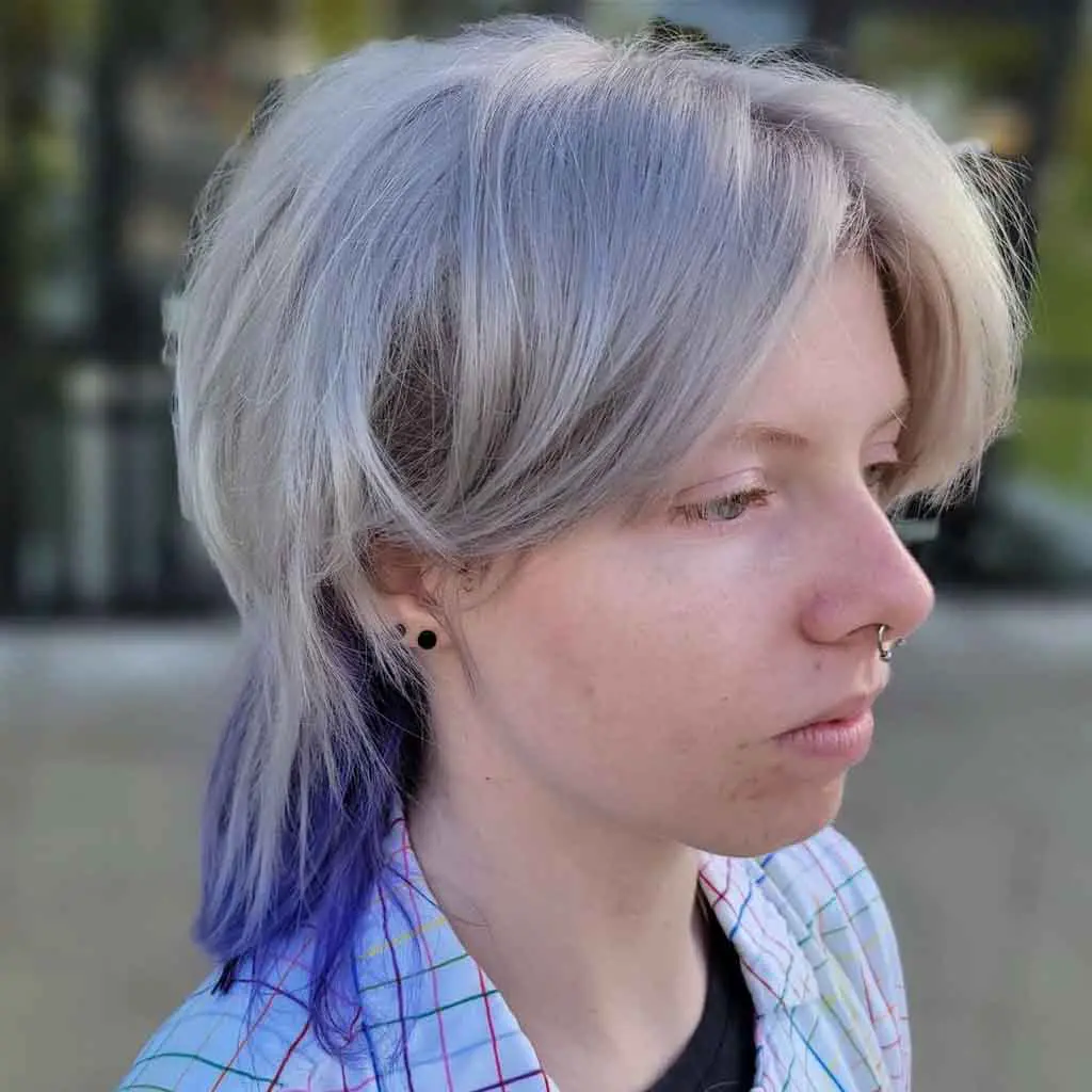 Ash Grey Short Wolf Cut With Purple Highlights