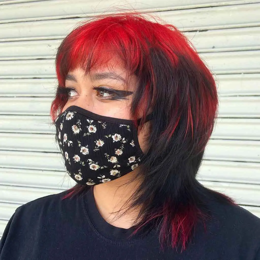 Black Medium Wolf Cut With Bright Red Highlights