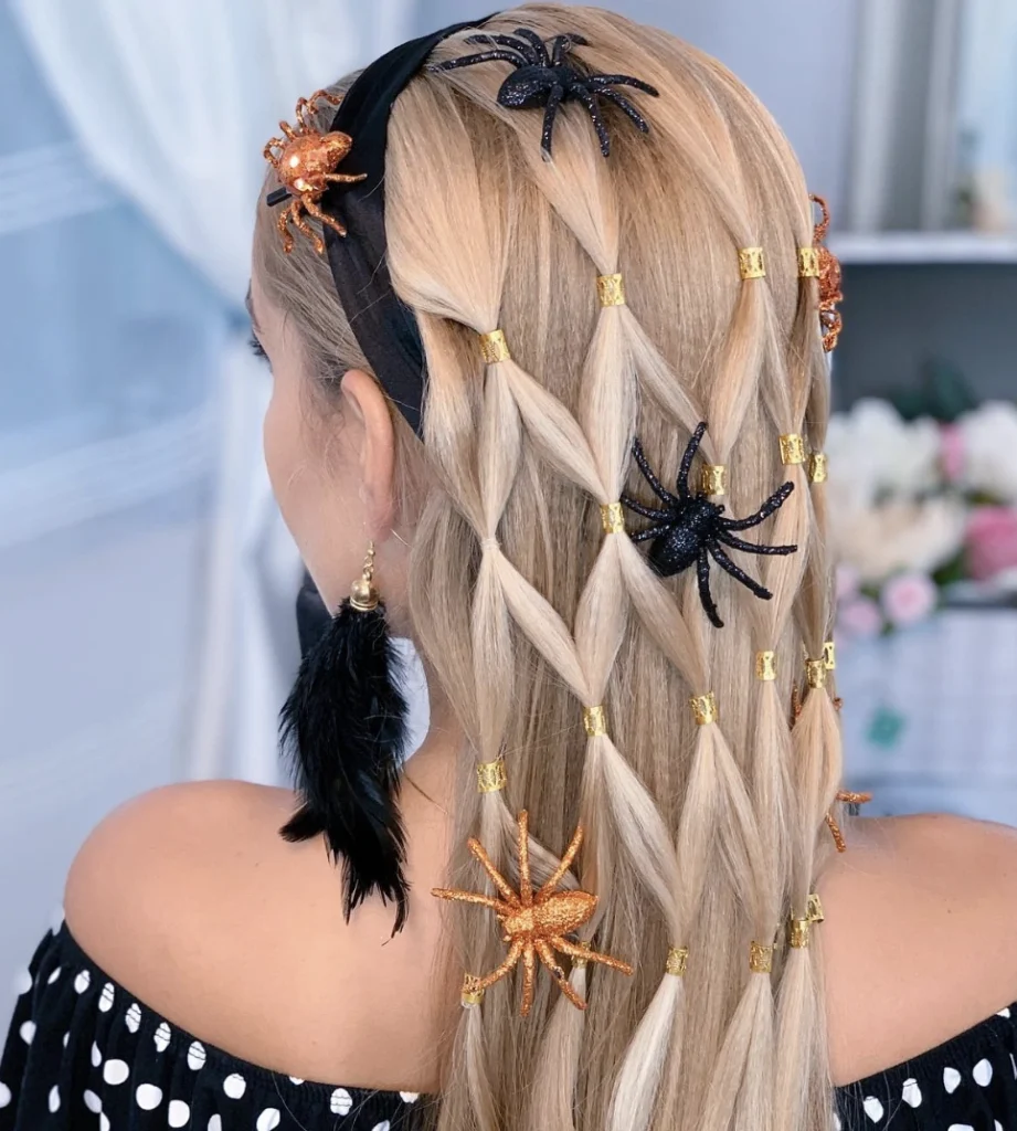 Braided Hairstyle Adorned with Glittering Spider Accessories