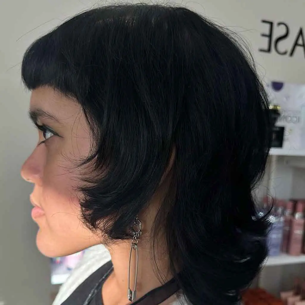 Coal Black Short Shag Mullet Wolf Cut With Micro Bangs