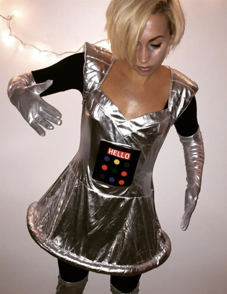 Galactic Android: Metallic Dress & Futuristic Glow