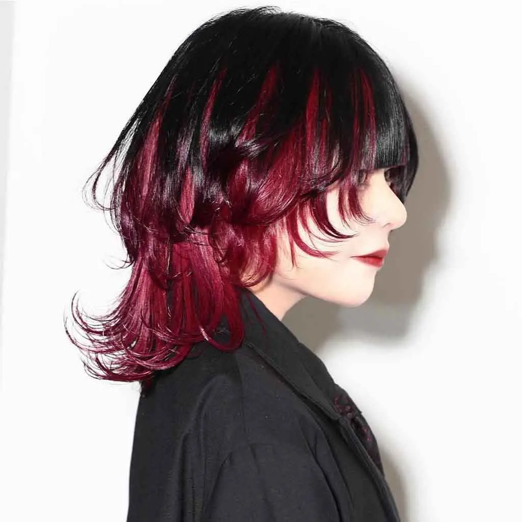  Layered Black Wolf Cut With Burgundy Inner Highlights