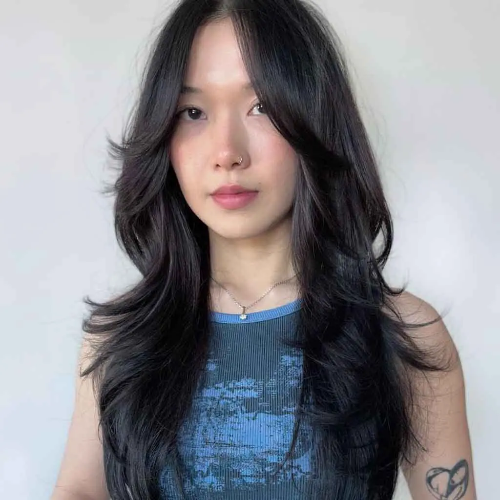 Tousled Long Wavy Midnight Black Wolf Cut With Curtain Bangs