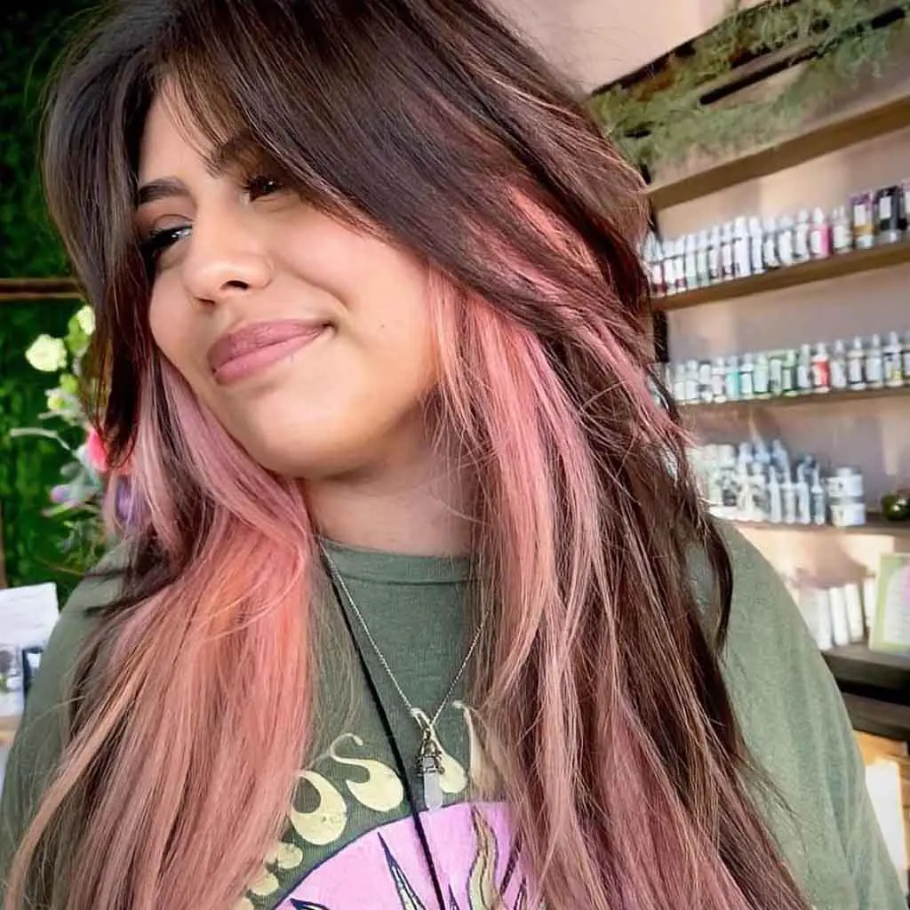 Long Brown Layered Hair With Light Pink Highlights