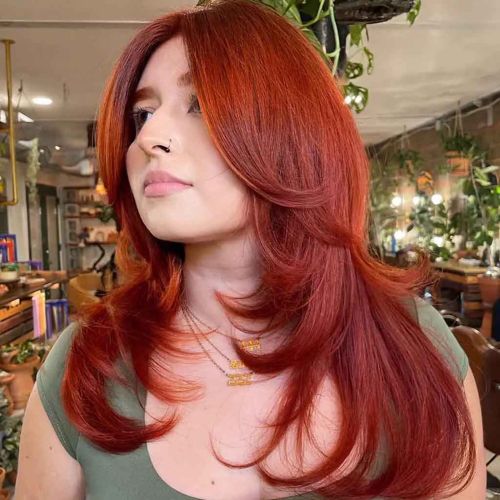 Long Layered Vibrant Copper Hair With Face Framing Layers