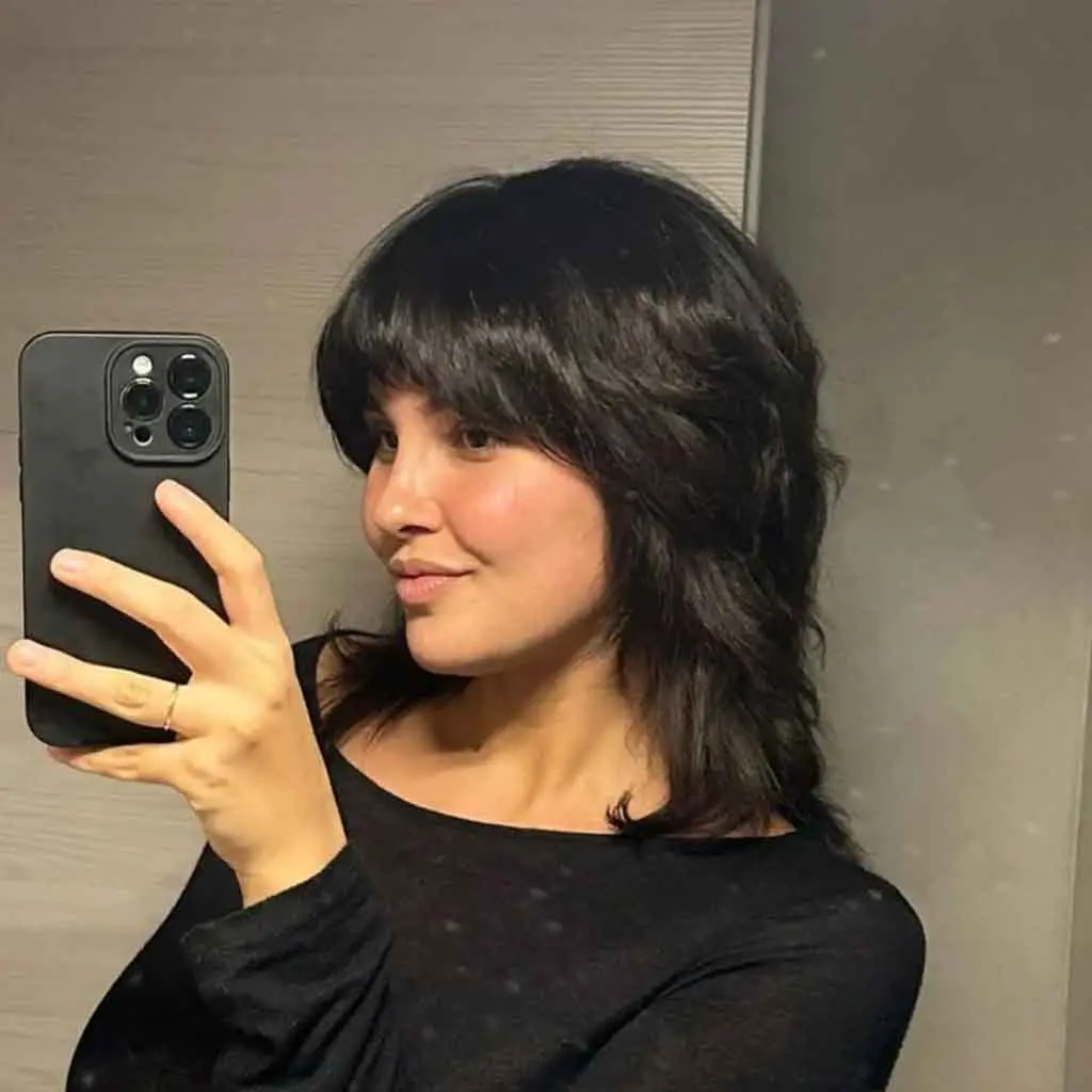 Medium Ebony Black Fluffy Mullet Wolf Cut With Asymmetric Bangs