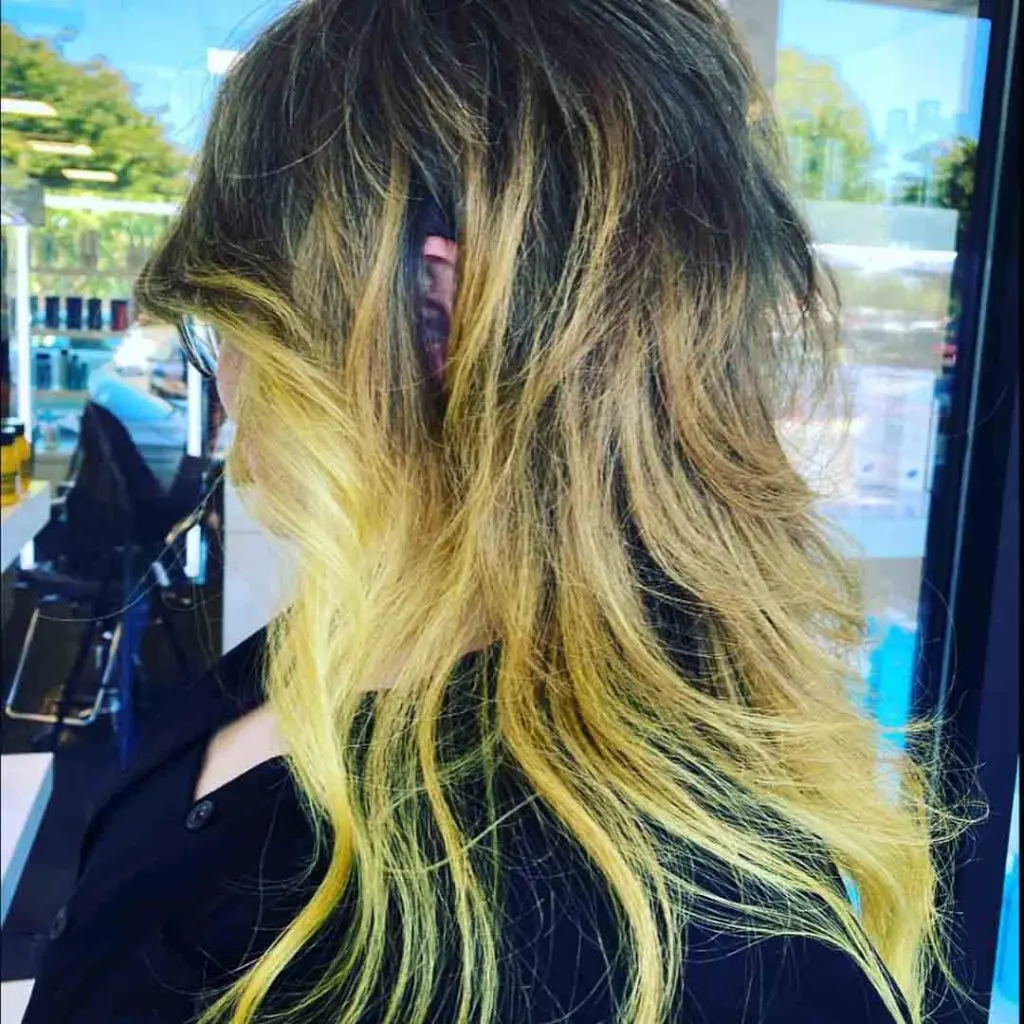 Octopus Haircut on long Wavy Black-Lemon Yellow Hair