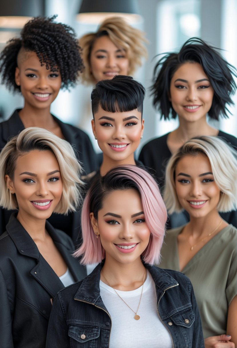 Several women with different kitty cut hairstyles posing confidently in a bright salon setting.