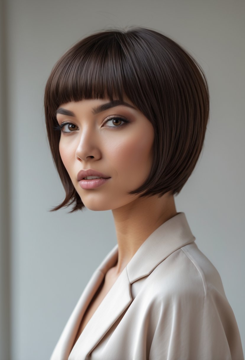 A woman with a short layered haircut and long curtain bangs framing her face, standing in a neutral studio setting.