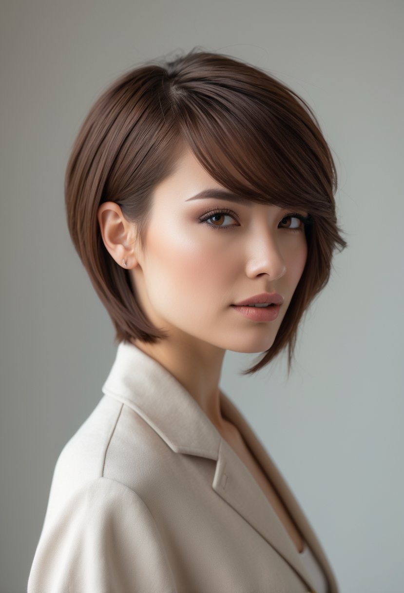 A woman with collarbone-length hair and side-swept bangs looking slightly to the side against a plain background.