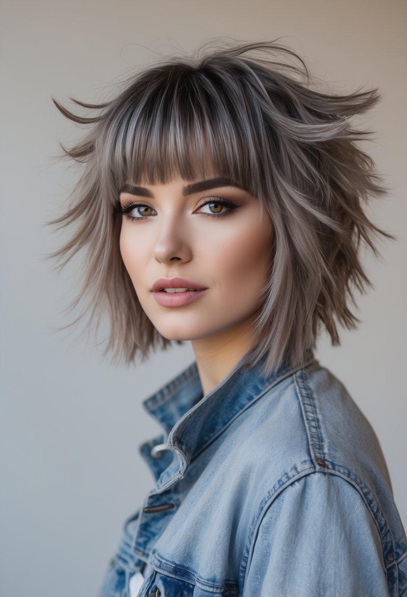 Portrait of a young adult with layered hair and bangs, smiling against a plain background.