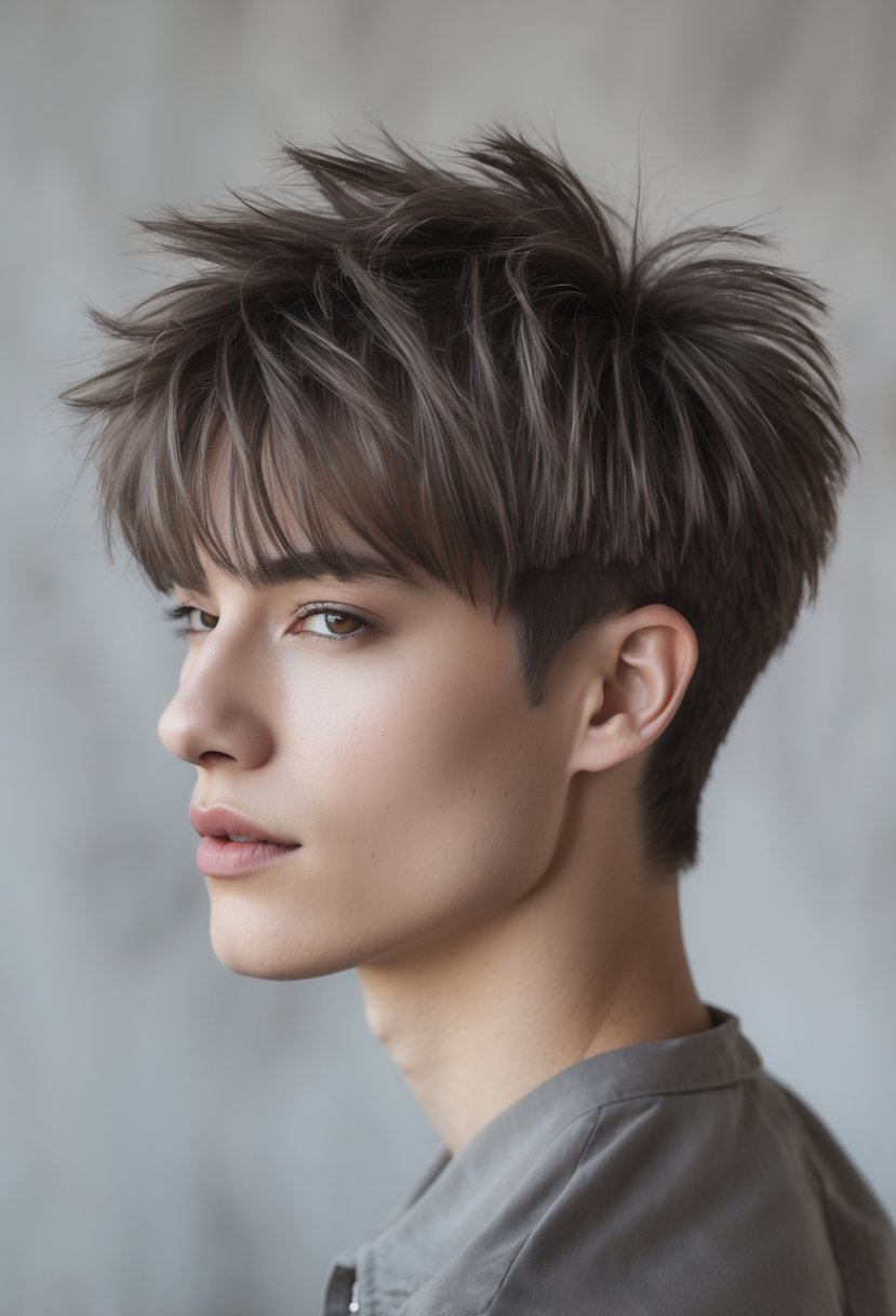 A young adult with layered hair and straight bangs looking at the camera against a neutral background.