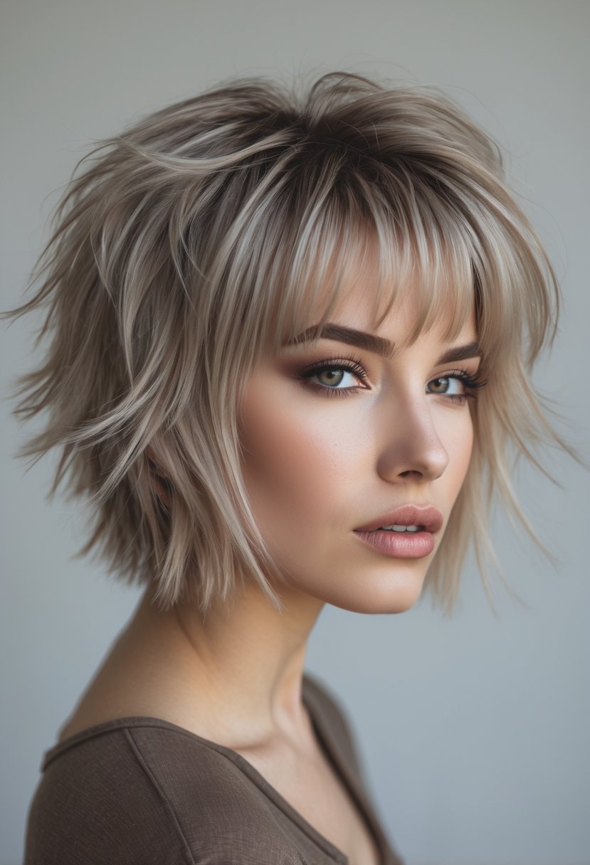 A young woman with a layered wolf cut hairstyle and wispy bangs, looking slightly to the side against a neutral background.
