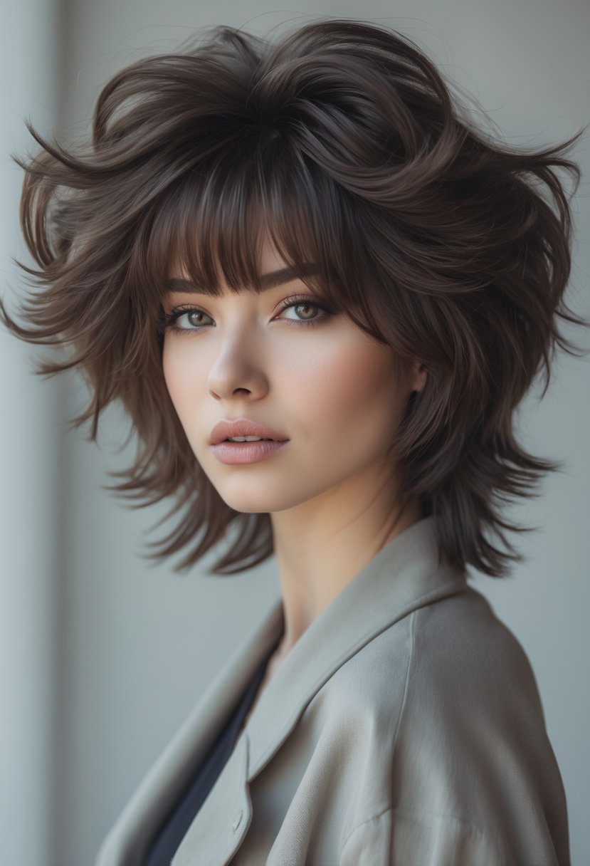 A young adult with medium-length layered hair and curtain bangs, looking confidently at the camera against a neutral background.