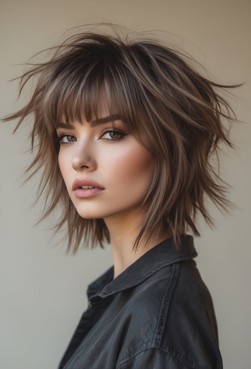 A young woman with layered hair and straight bangs looking confidently at the camera against a plain background.