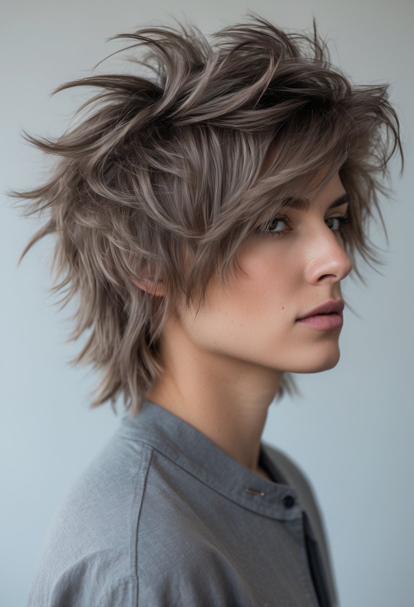 A young adult with textured, layered hair and side-swept bangs looking slightly to the side against a neutral background.