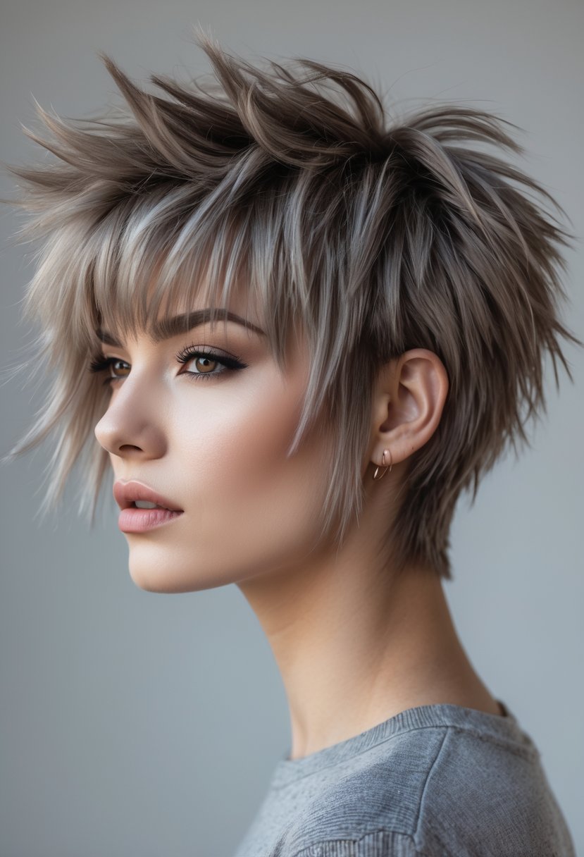 A young adult with a layered haircut and textured bangs looking slightly to the side against a plain background.