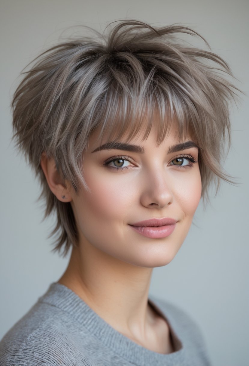 A young adult with a medium-length textured haircut and feathered bangs, looking forward against a plain background.