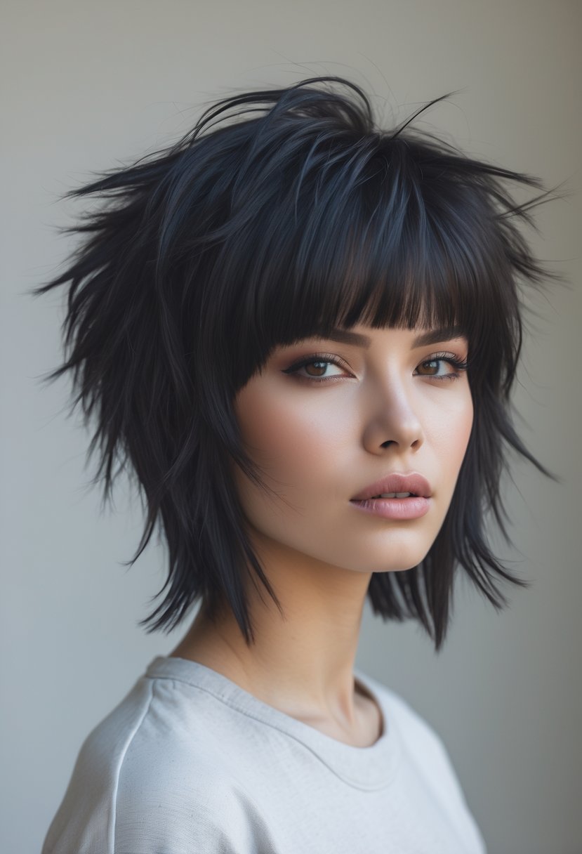 A young adult with a layered haircut and thick bangs looking confidently at the camera against a plain background.