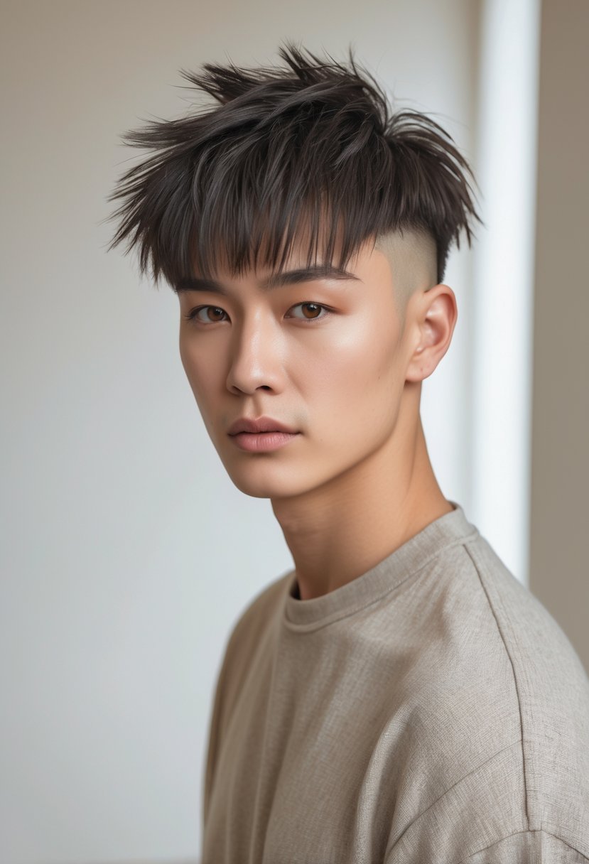 A young adult with layered hair and short bangs, looking straight ahead against a plain background.