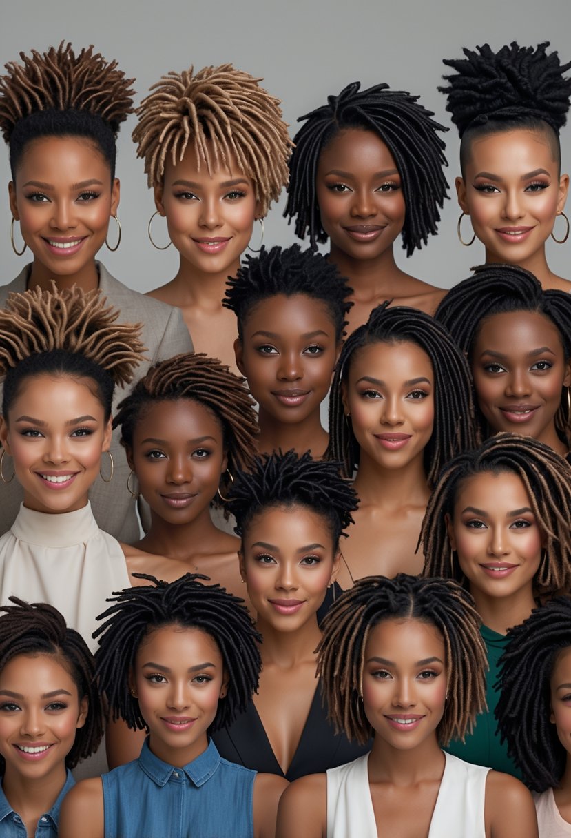 A group of diverse people with short loc hairstyles posing confidently in a studio setting.