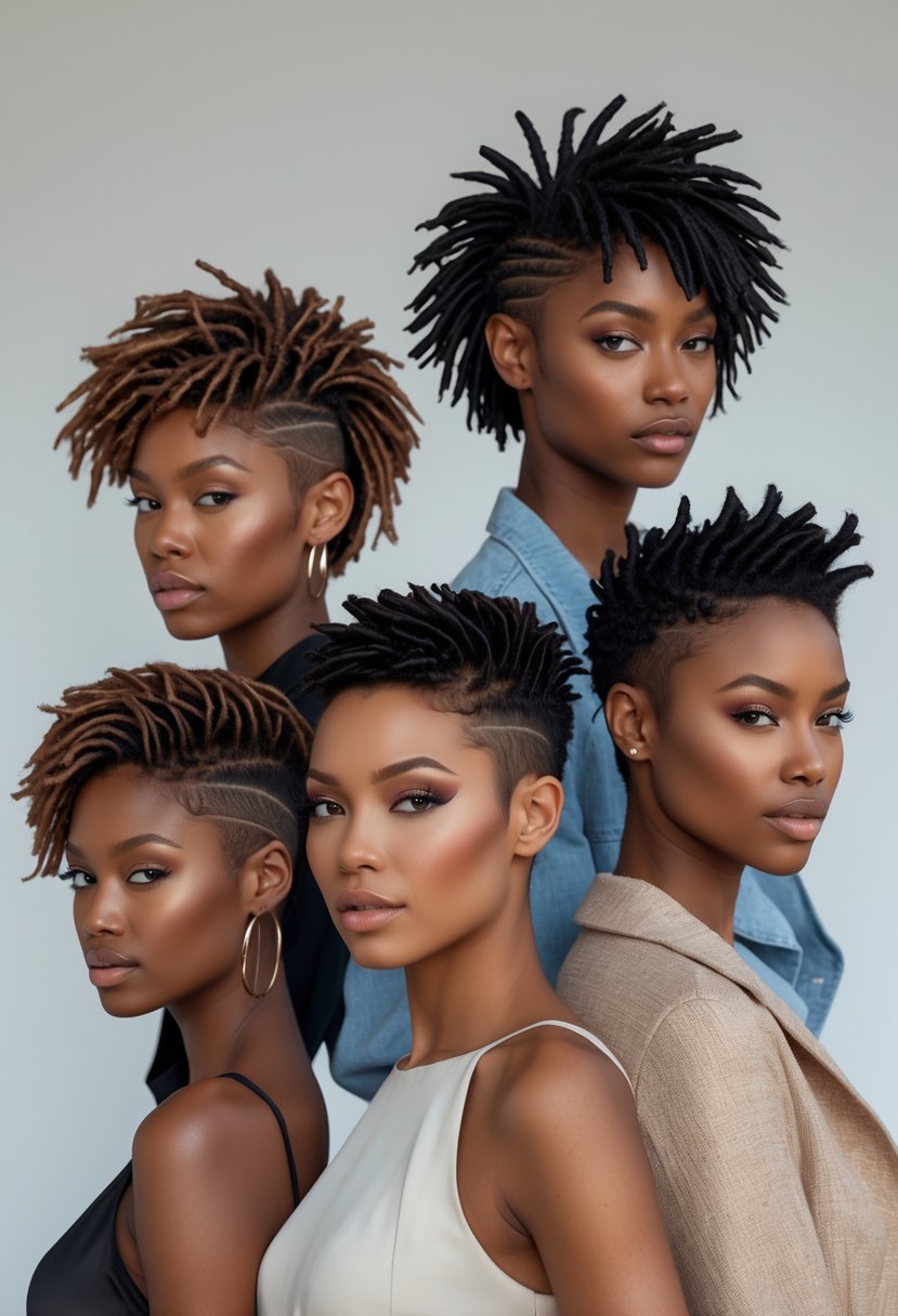Five young adults with short hair posing together against a plain background.