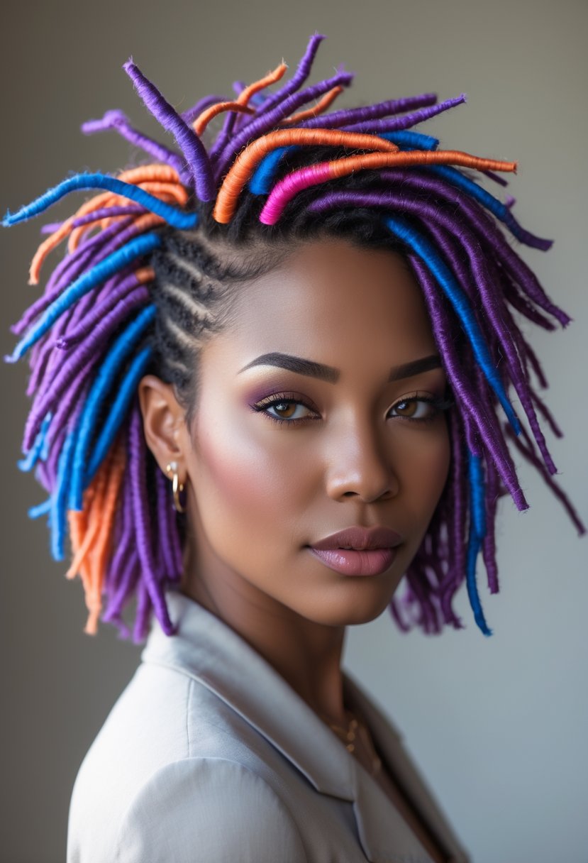 Close-up of a person with short hair styled in colorful locs with various intricate patterns.