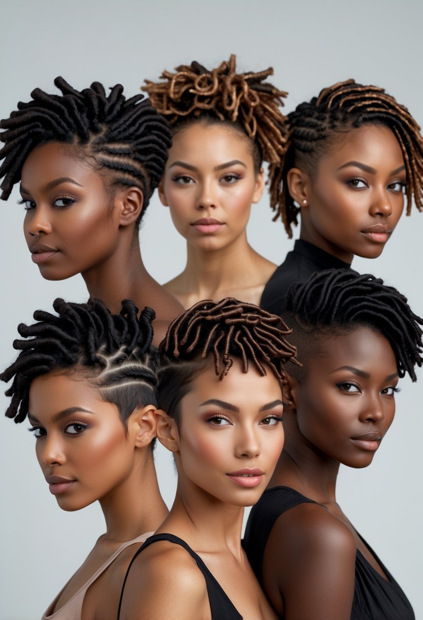 Five people with short hairstyles posing together against a neutral background.