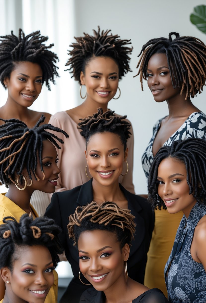 A group of women with short hair posing together in a bright studio, showing different intricate hairstyles.