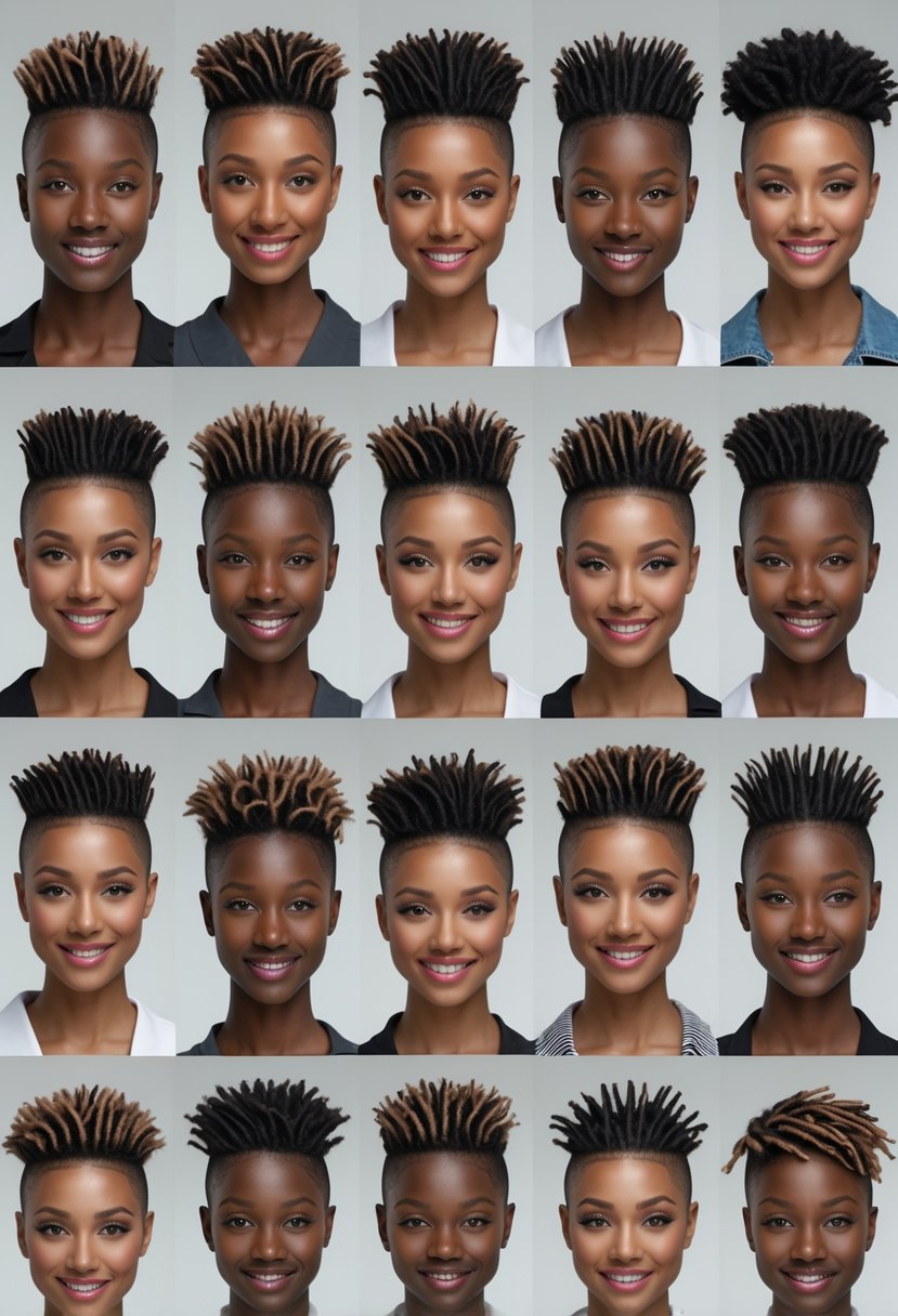 A group of people with short hairstyles featuring mohawk locs and tapered sides, posing confidently in a studio setting.
