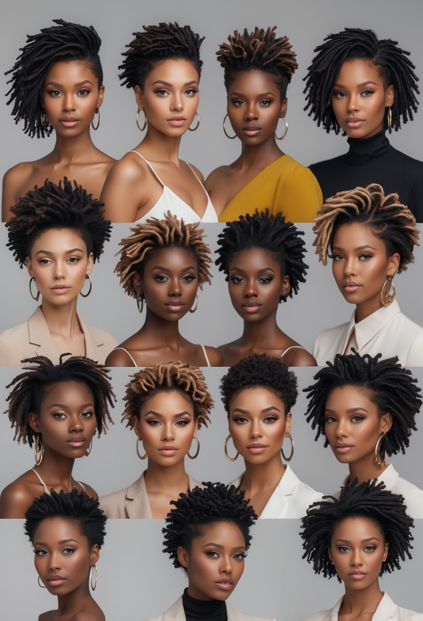 A group of women with short loc hairstyles posing together in a studio with a plain background.