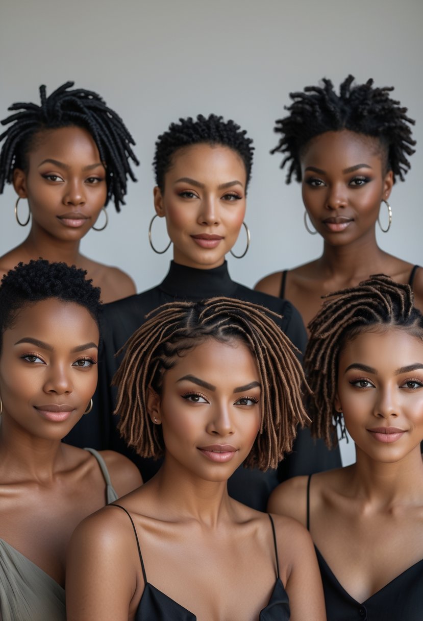 Five people with short hair showing different invisible part loc hairstyles in a studio setting.