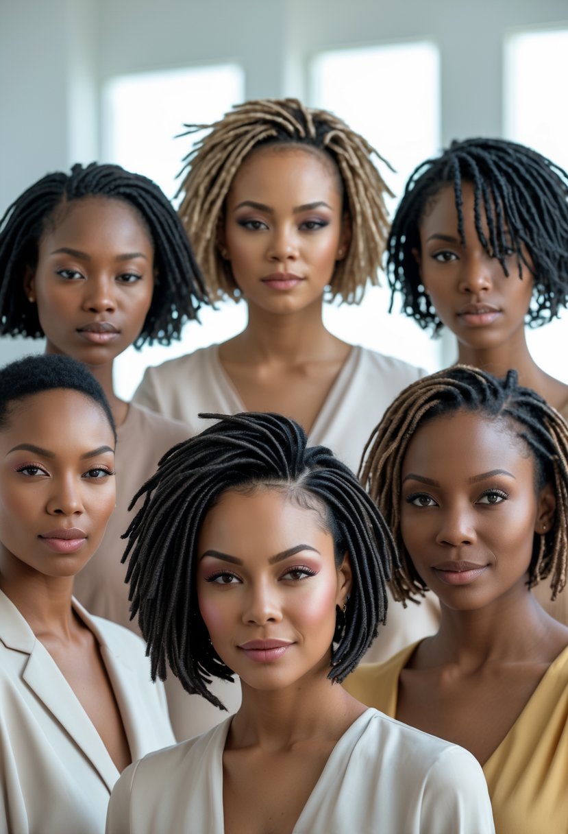 A group of women with short bob loc hairstyles posing together in a bright studio.