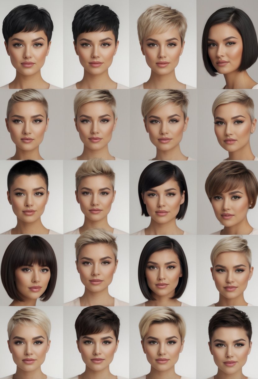 Ten women with chubby faces showing different short haircuts, standing together in a bright studio.
