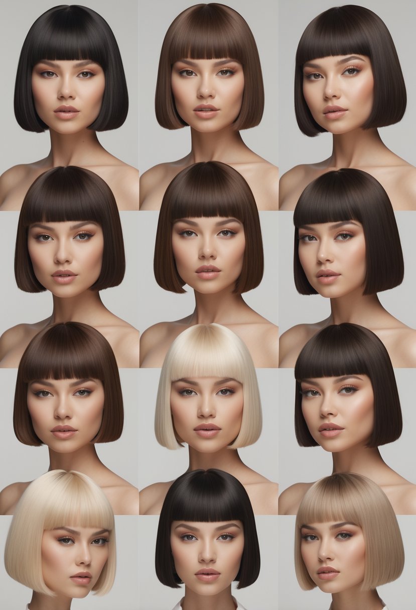 Ten women with chubby faces posing together in a studio, each with a sleek straight bob haircut.