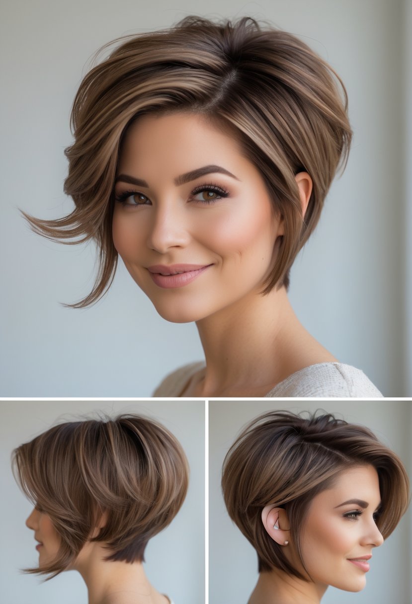 A woman with a short voluminous pixie haircut and side-swept layers smiling in a neutral studio setting.