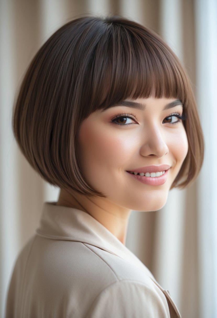 A smiling woman with short hair and curtain bangs, shown from the shoulders up against a blurred neutral background.