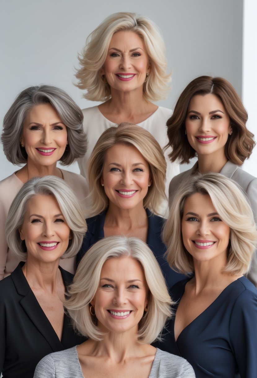 A group of women over 50 smiling, showing different soft layered lob haircuts in a bright studio.
