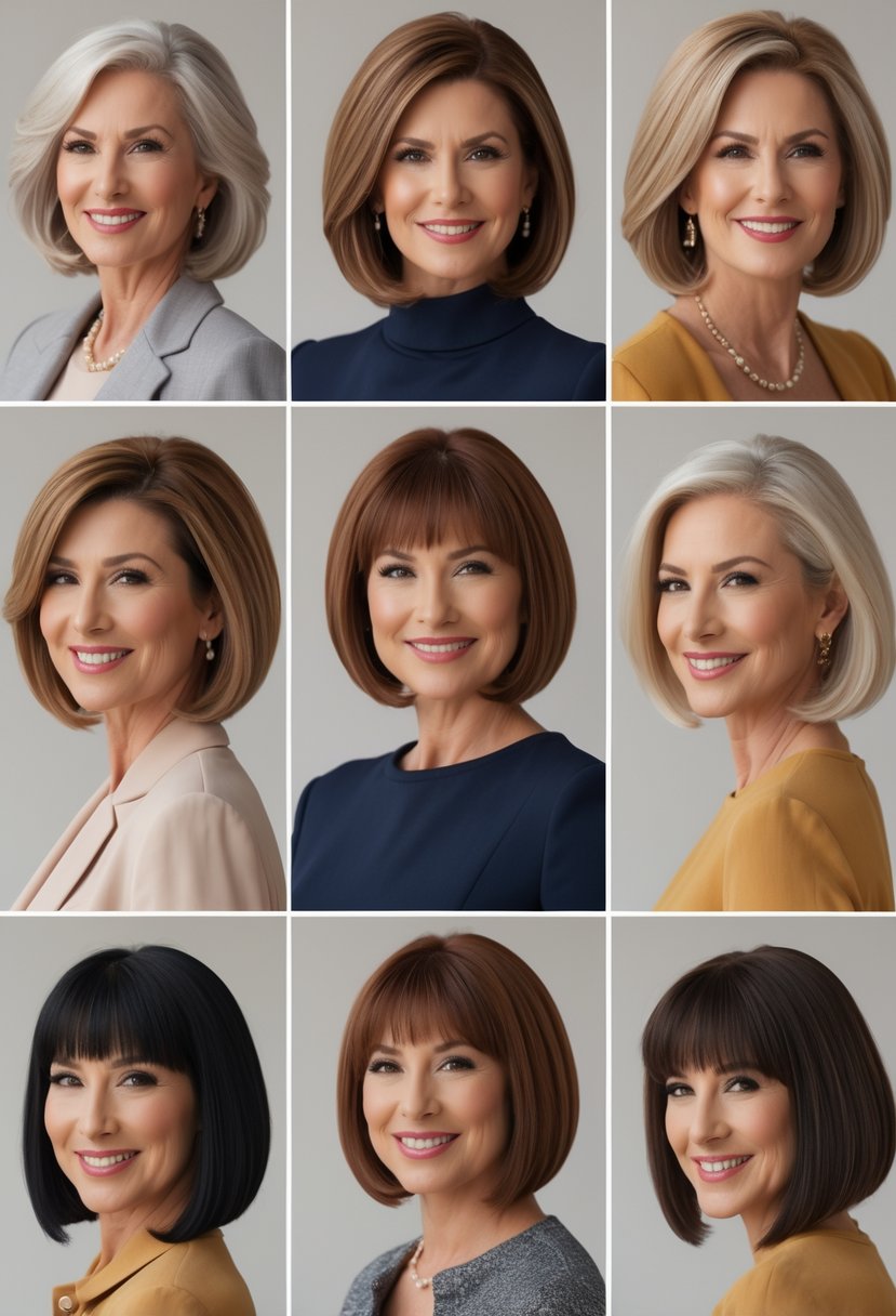 A group of women over 50 with classic blunt bob haircuts posing confidently in a bright studio.