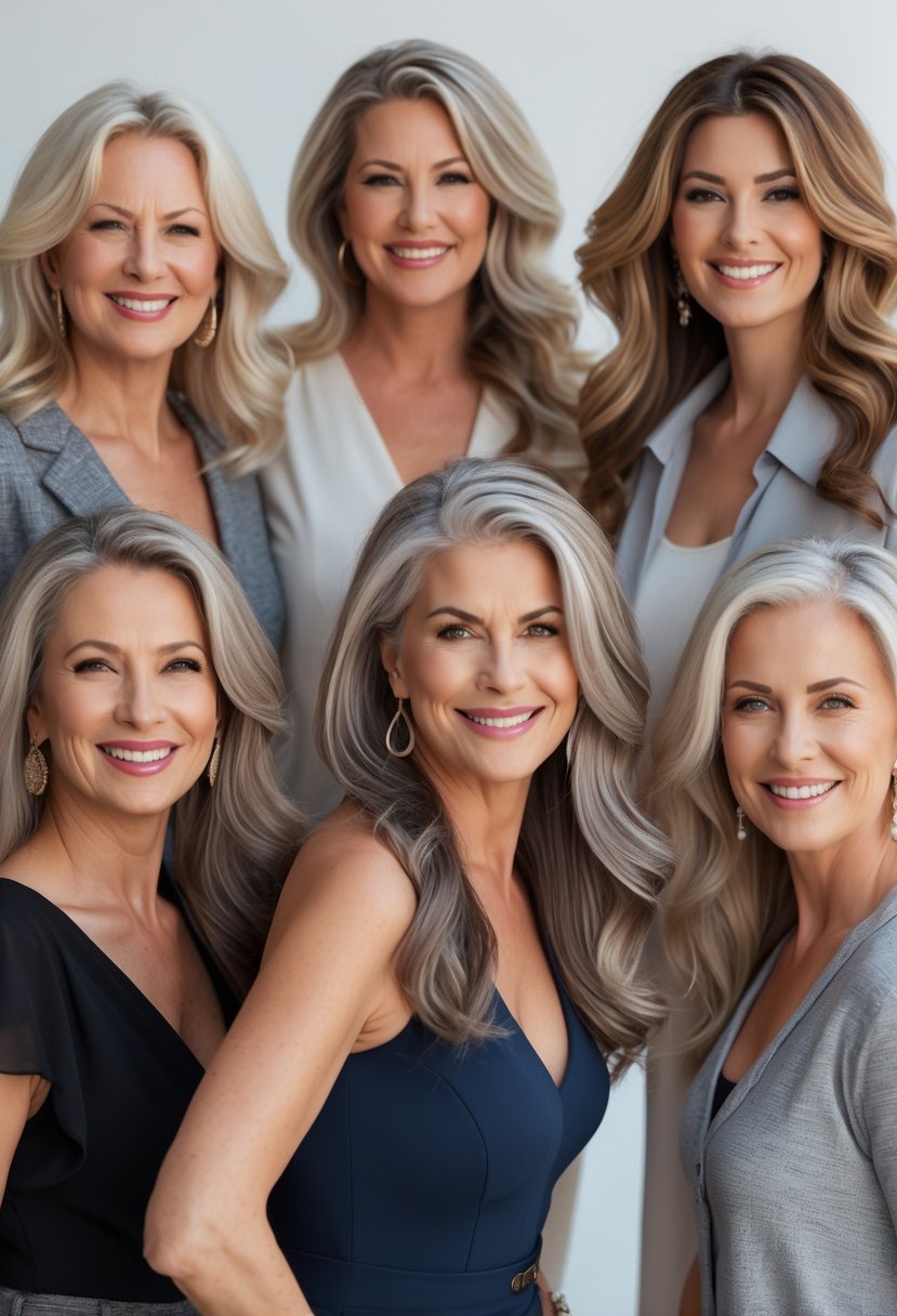 A group of smiling women over 50 with long wavy layered hair posing together in a bright studio.